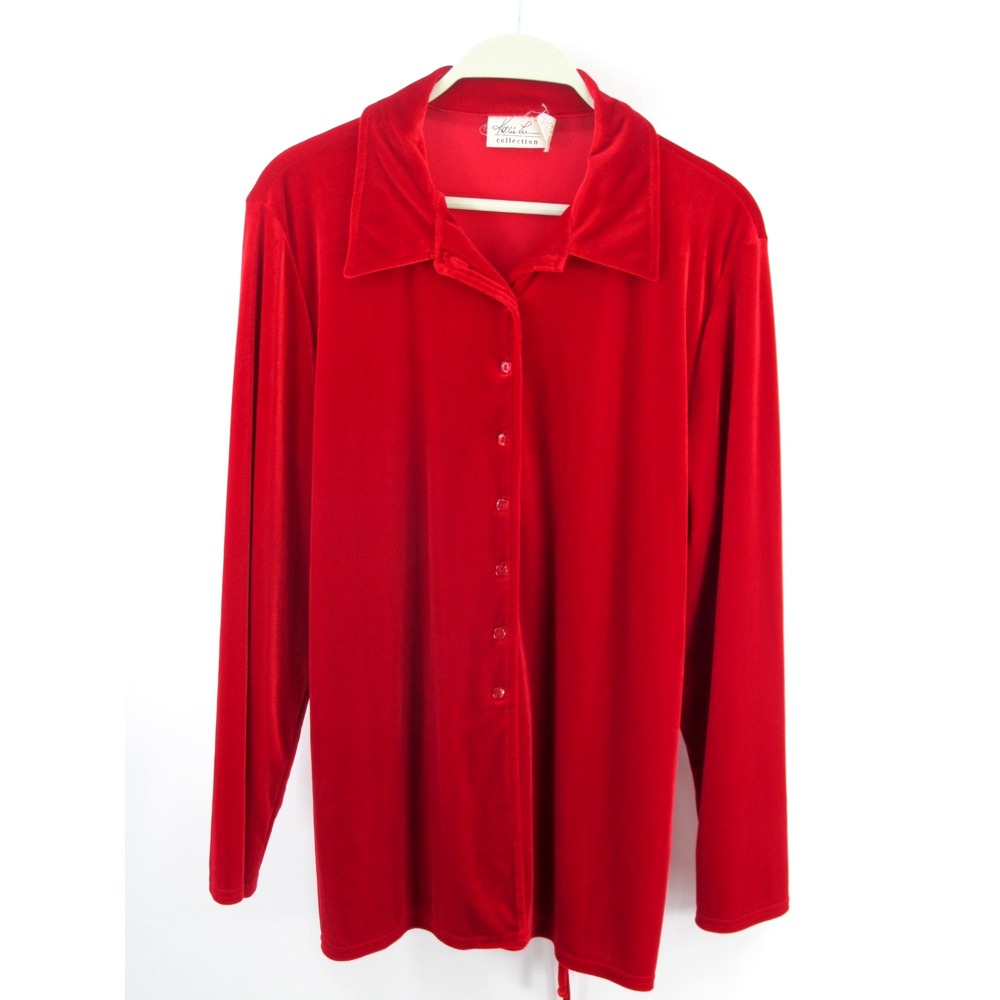 KATHIE LEE Button-Up Velvet Blouse Women Large Red Stretch Holiday Back Tie